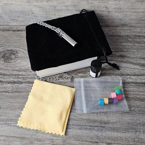 Silver Tone Stainless Steel Cylinder Floral Swirl Essential Oil Pendant Necklace - Picture 3 of 8